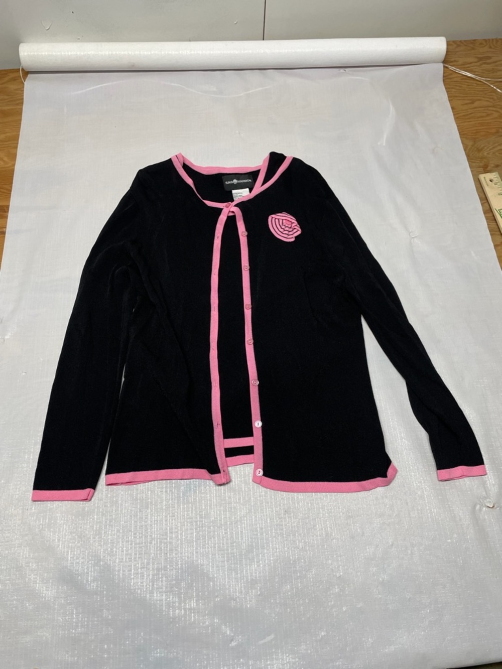 Sag Harbor Black Cardigan with Pink Trim and Rose Patch